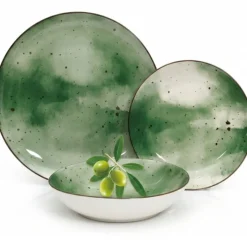 Serwis obiadowy porcelanowy GierekHoff Giada 18 elementów zestaw talerzy dla 6 osób zielony nakrapiany 1220