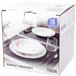 Serwis obiadowy porcelanowy 18 elementów Tulya białe talerze dla 6 osób wzór polne kwiaty