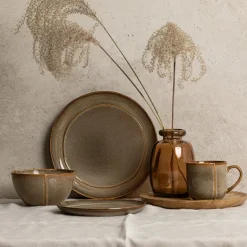 Serwis obiadowy porcelanowy Florina Bergen 18 elementów zestaw talerzy dla 6 osób retro brązowe