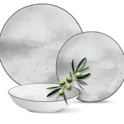 Serwis obiadowy porcelanowy Antic 24 elementy zestaw talerzy kubków dla 6 osób szary nakrapiany