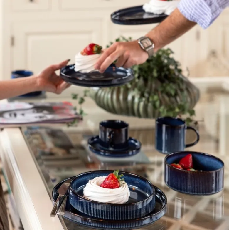 Serwis obiadowy porcelanowy Florina Evia Blue 24 elementy zestaw talerzy dla 6 osób modern