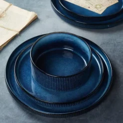Serwis obiadowy porcelanowy Florina Evia Blue 24 elementy zestaw talerzy dla 6 osób modern