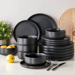 Serwis obiadowy porcelanowy MG Home Artena 22 elementy zestaw talerzy misek dla 6 osób czarny