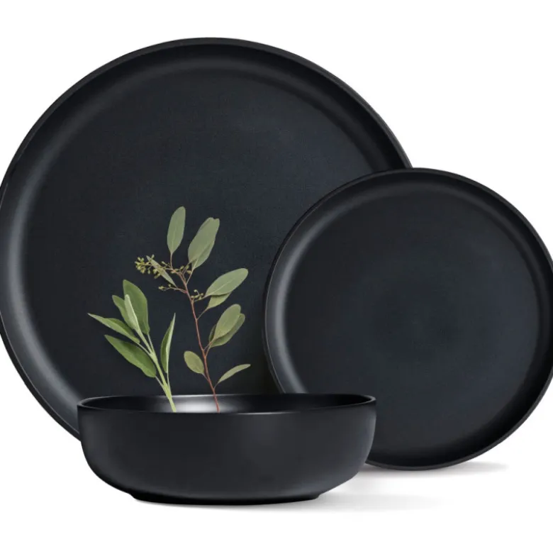 Serwis obiadowy porcelanowy MG Home Artena 22 elementy zestaw talerzy misek dla 6 osób czarny