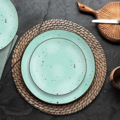 Serwis obiadowy porcelanowy MG Home Gemma Green 12 elementów zestaw talerzy dla 4 osób zielone nakrapiane