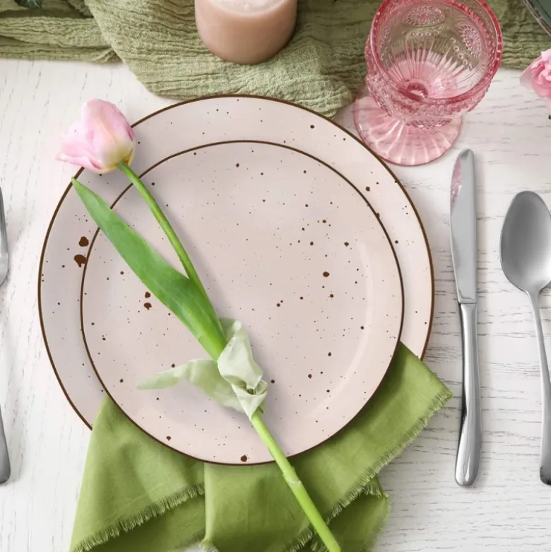 Serwis obiadowy porcelanowy MG Home Gemma Pink 12 elementów zestaw talerzy dla 4 osób różowych nakrapiane