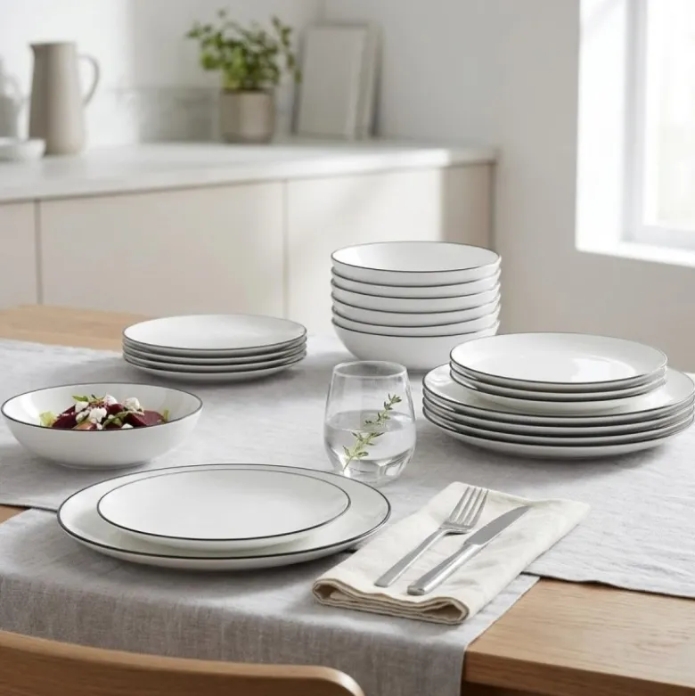Serwis obiadowy porcelanowy GierekHoff Linea 18 elementów zestaw talerzy dla 6 osób białe z czarnym paskiem 1218