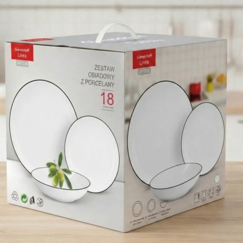 Serwis obiadowy porcelanowy GierekHoff Linea 18 elementów zestaw talerzy dla 6 osób białe z czarnym paskiem 1218