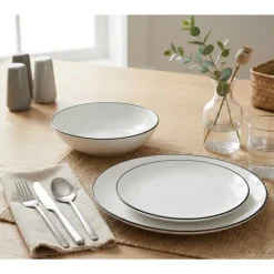 Serwis obiadowy porcelanowy GierekHoff Linea 18 elementów zestaw talerzy dla 6 osób białe z czarnym paskiem 1218