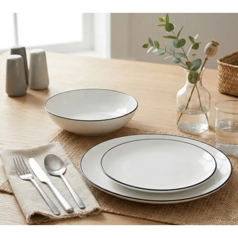 Serwis obiadowy porcelanowy GierekHoff Linea 18 elementów zestaw talerzy dla 6 osób białe z czarnym paskiem 1218