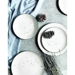Serwis obiadowy porcelanowy MG Home Gemma 18 elementów zestaw talerzy dla 6 osób biały nakrapiany