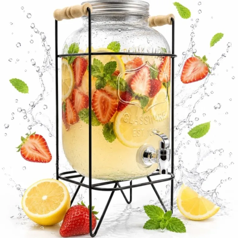 Słój szklany z kranikiem 3,3 L z czarnym stojakiem do lemoniady napojów wody Tragar