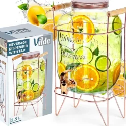 Słój szklany z kranikiem 5.5 L z złotym stojakiem do lemoniady napojów wody Vilde