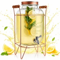 Słój szklany z kranikiem 5 L z złotym stojakiem do lemoniady napojów wody Tragar