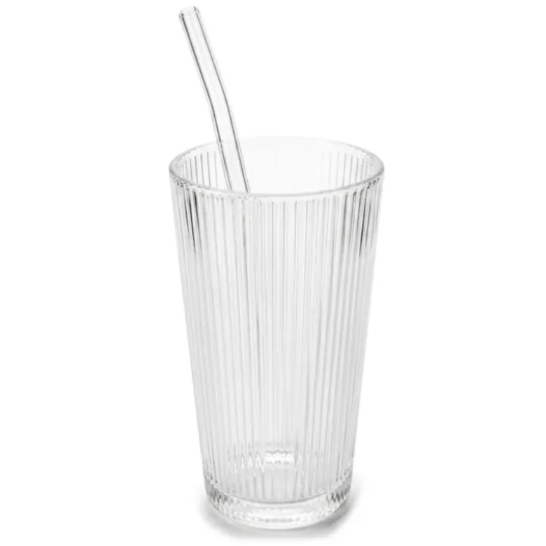 Szklanka do napojów z pokrywką i słomką 400 ml Tragar Kubek szklany podróżny ryflowany