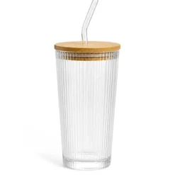 Szklanka do napojów z pokrywką i słomką 400 ml Tragar Kubek szklany podróżny ryflowany
