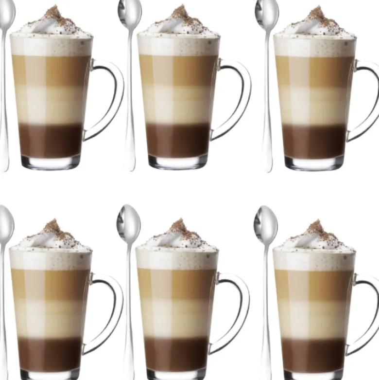 Szklanki do kawy herbaty z uchem 300 ml Glasmark Iwo komplet 6 sztuk z łyżeczkami latte