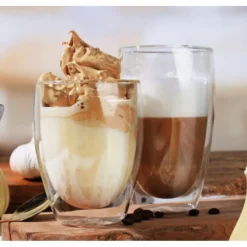 Szklanki termiczne do kawy 250 ml Malachit latte zestaw z łyżeczkami 6 sztuk