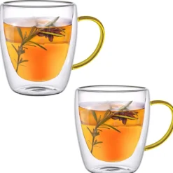 Szklanki termiczne ze złotym uchem Renza 300 ml do kawy latte komplet 2 szt MGHOME