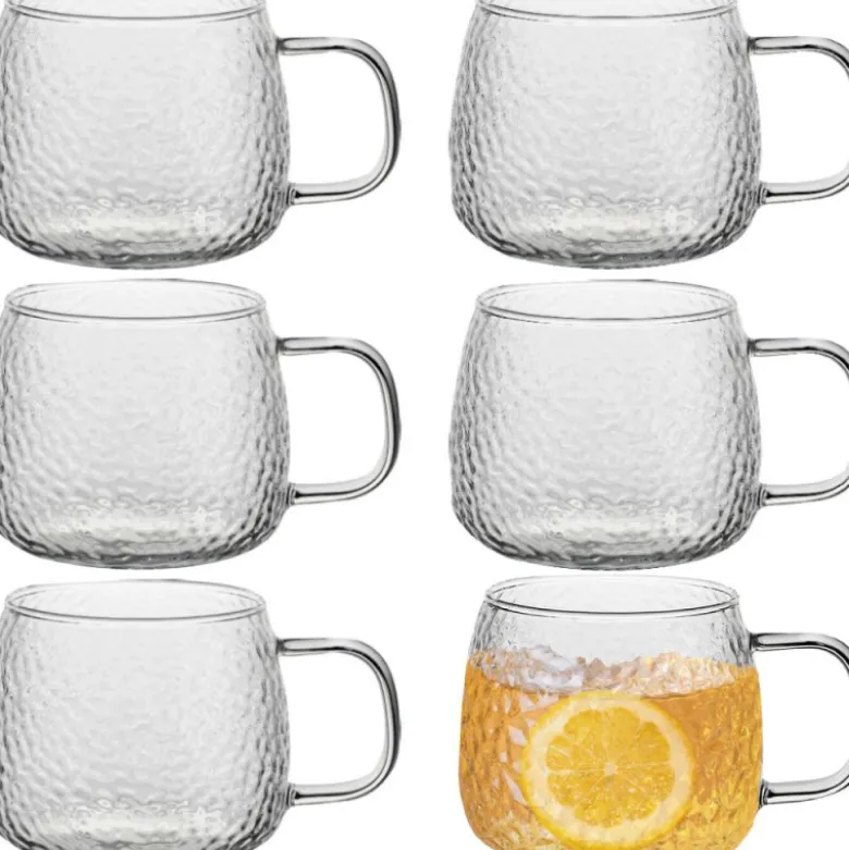 Szklanki z uchem 500 ml Florina Savia efekt młotkowania do kawy latte komplet kuków szklanych 6 sztuk
