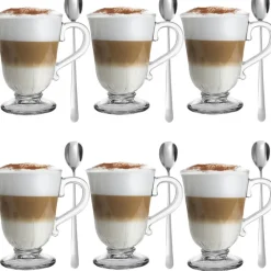 Szklanki z uchem 320 ml na stopce Altom Siena Promienie kubki do herbaty kawy latte macchiato komplet 6 sztuk z łyżeczkami