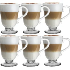 Szklanki z uchem 320 ml na stopce Altom Siena Promienie kubki do herbaty kawy latte macchiato komplet 6 sztuk z łyżeczkami