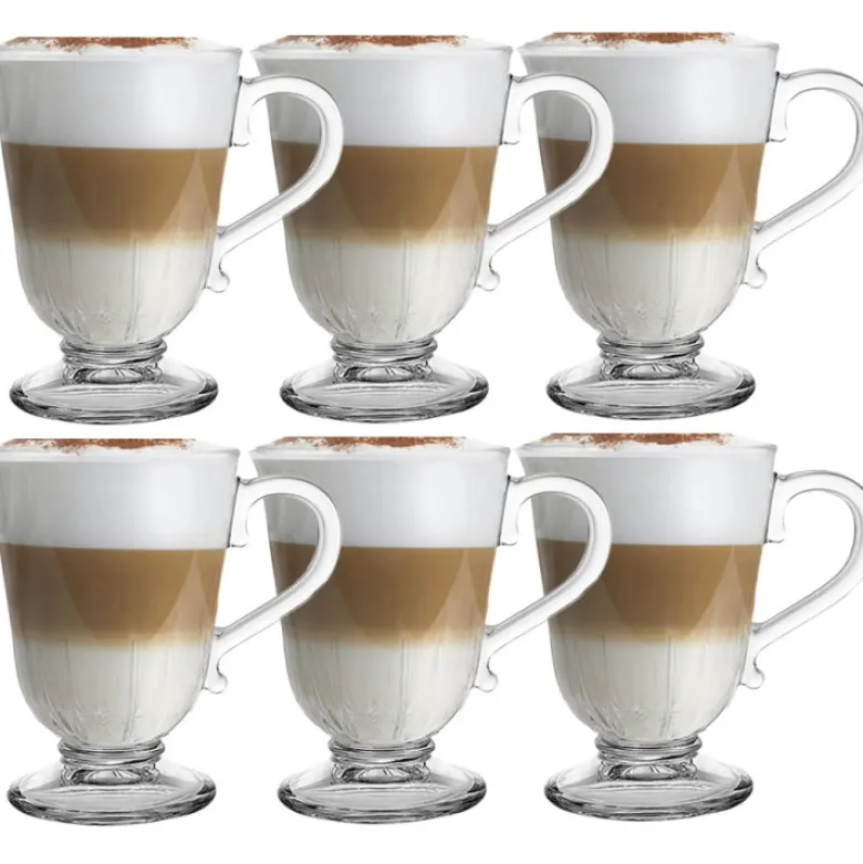 Szklanki z uchem 320 ml na stopce Altom Siena Promienie kubki do herbaty kawy latte macchiato komplet 6 sztuk z łyżeczkami