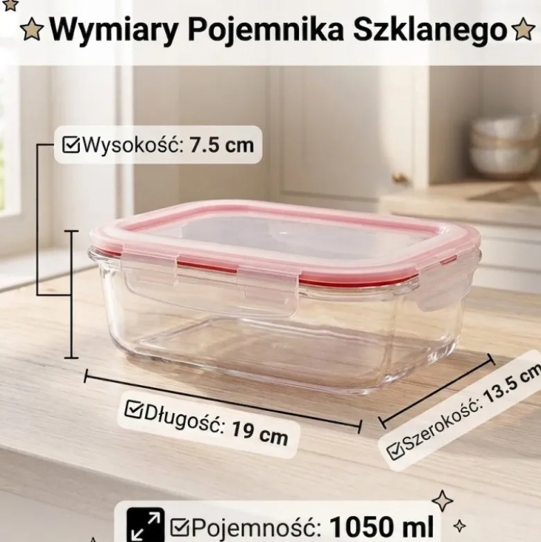 Szklany pojemnik 1050 ml na żywność jedzenie Gierekhoff pudełko z pokrywką lunchbox prostokątny hermetyczny