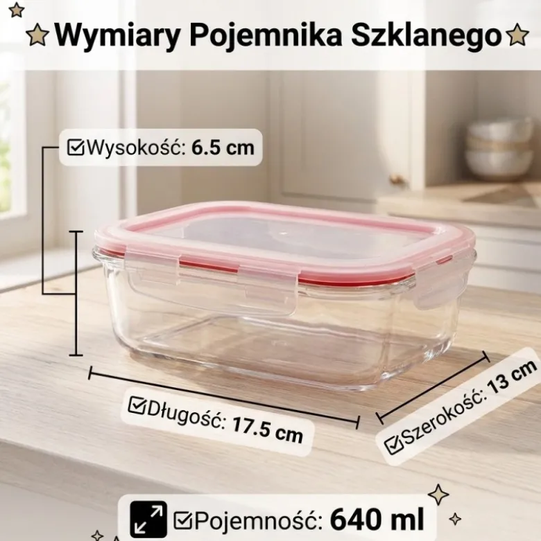 Szklany pojemnik 640 ml na żywność jedzenie Gierekhoff pudełko z pokrywką lunchbox prostokątny hermetyczny