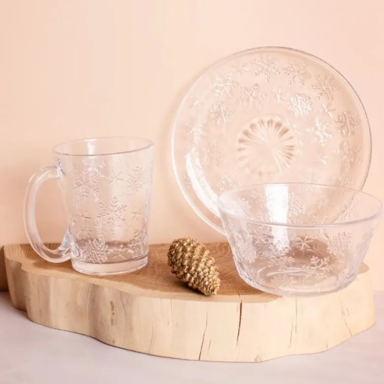 Talerzyki deserowe 17 cm szklane Altom Śnieżynki zestaw 12 sztuk spodek na ciasto deser