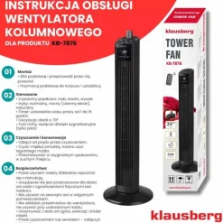 Wentylator kolumnowy podłogowy wiatrak stojący biurowy Klausberg KB 7876