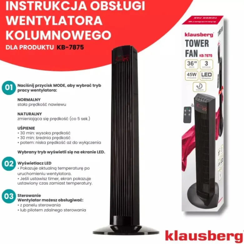 Wentylator podłogowy kolumnowy Klausberg KB 7875 wiatrak stojący 45W LCD pilot