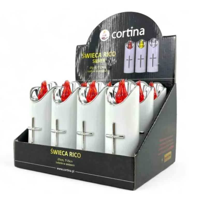 Wkład do znicza 15 cm świeczka biała LED z krzyżem czerwone światło Cortina Rico baterie AA