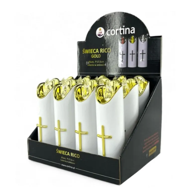 Wkład do znicza 17 cm świeczka biała LED z krzyżem białe światło Cortina Rico baterie AA