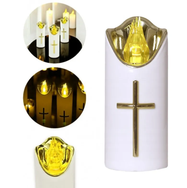 Wkład do znicza 15 cm świeczka biała LED z krzyżem żółte światło Cortina Rico baterie AA