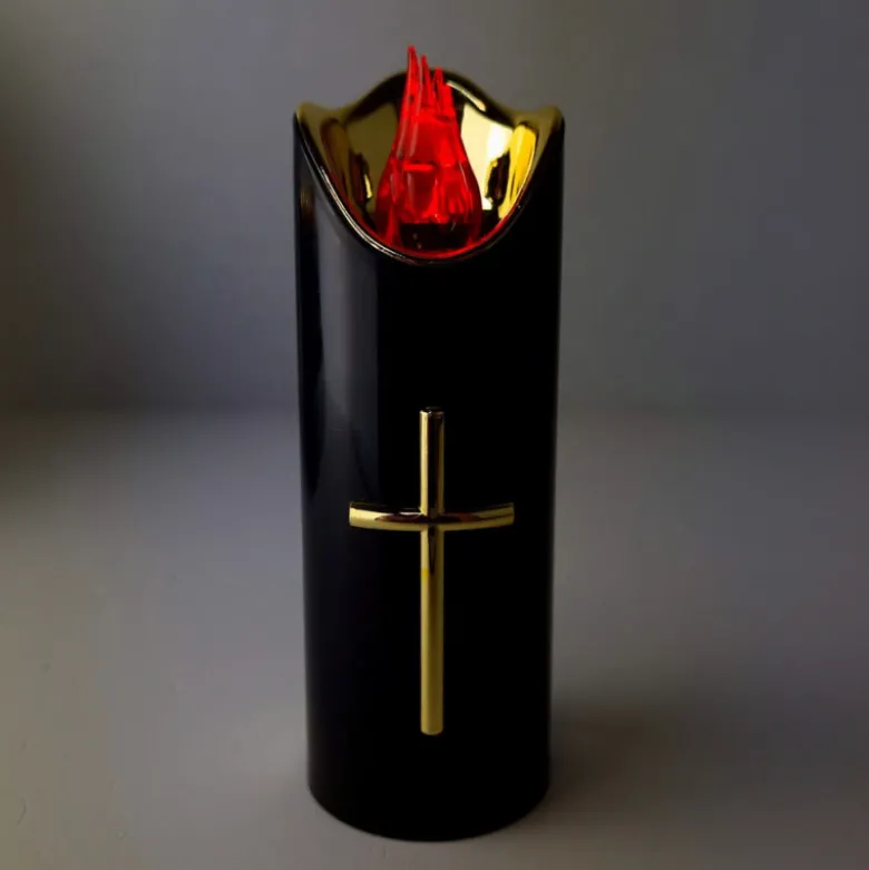 Wkład do znicza 12.5 cm świeczka czarna LED z krzyżem czerwone światło Cortina Rico baterie AA