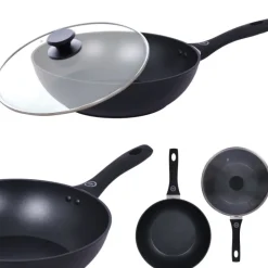 Wok z pokrywką 28 cm patelnia głęboka czarna nieprzywieralna powłoka MG Home