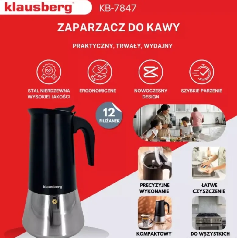 Zaparzacz do kawy espresso ze stali nierdzewnej 600 ml na 12 filiżanek Klausberg