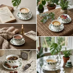 Zestaw 6 filiżanek 170 ml ze spodkami GierekHoff Botanica dla 6 osób białe wzór kwiaty GH 1232