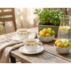 Zestaw 6 filiżanek 170 ml ze spodkami GierekHoff Szept Paproci dla 6 osób białe wzór kwiaty GH 1231