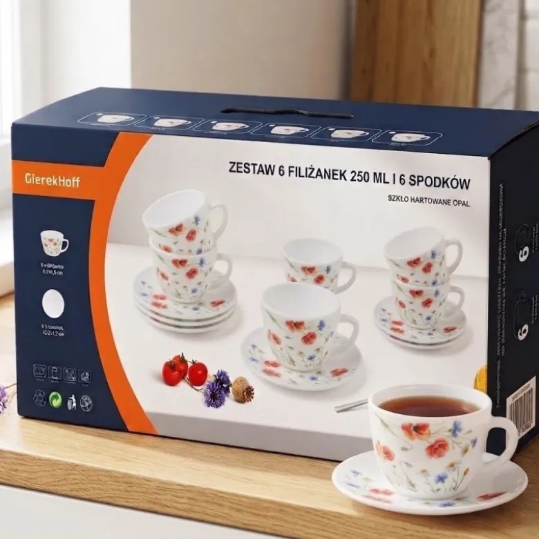 Zestaw 6 filiżanek 170 ml ze spodkami GierekHoff Sielska Łąka dla 6 osób białe wzór kwiaty GH 1230