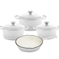 Zestaw garnków 20/22/24 cm i patelnia 25 cm żeliwne emaliowane GierekHoff Żeliwna Tradycja ciężkie białe GH 6022