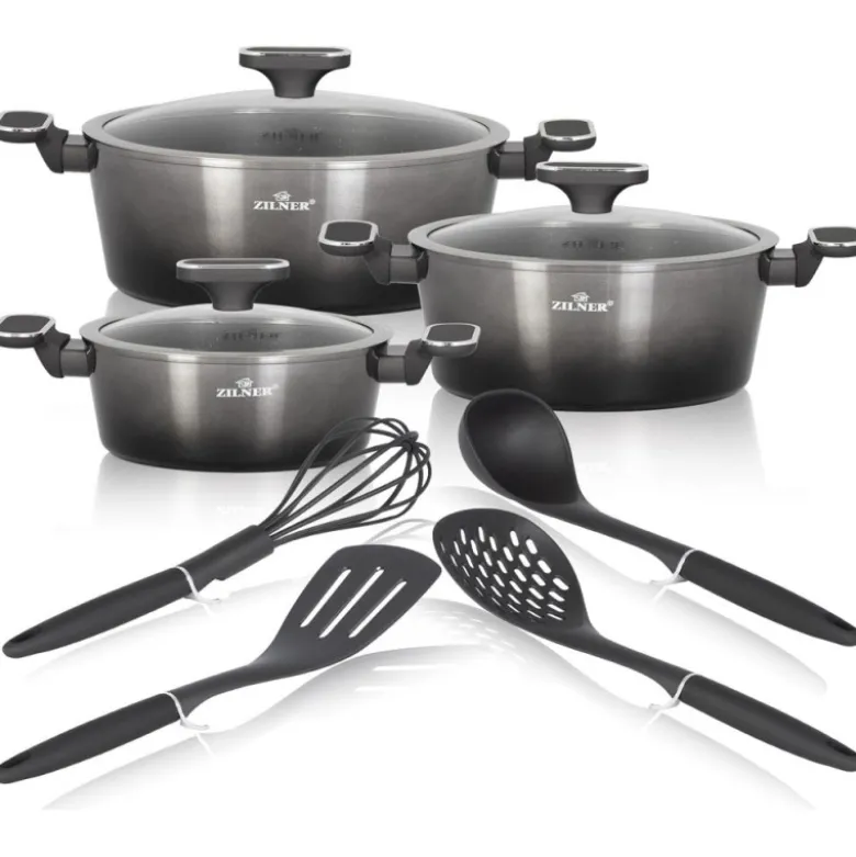 Zestaw garnków marmurkowych z przyborami 10 elementowy Gray Black Kiwi Zilner ZL 8595