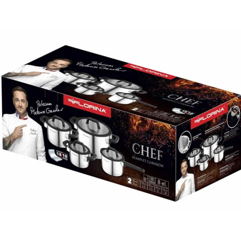 Zestaw garnków nierdzewnych Florina Chef komplet 8 elementowy ze składanymi uchwytami