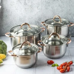 Zestaw garnków stalowych 8 elementowy 2.1/2.9/3.9/6.6 L średnie garnki uchwyty różowe złoto Kinghoff KH 1763