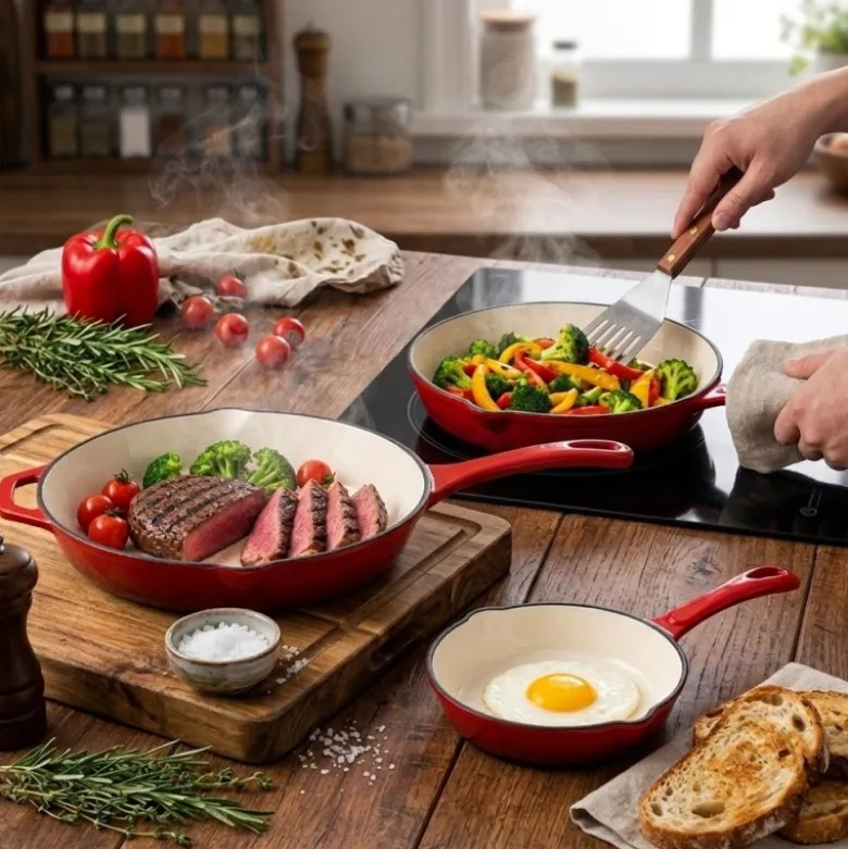 Zestaw 3 patelnie żeliwne emaliowane 20/25/30 cm GierekHoff Żeliwna Tradycja ciężkie głębokie indukcja gaz ognisko grill GH 6002