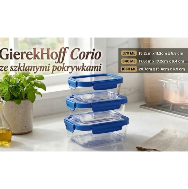 Zestaw 3 pojemników szklanych lunchbox GierekHoff Corio Glass żaroodporne hermetyczne prostokątne GH 1117