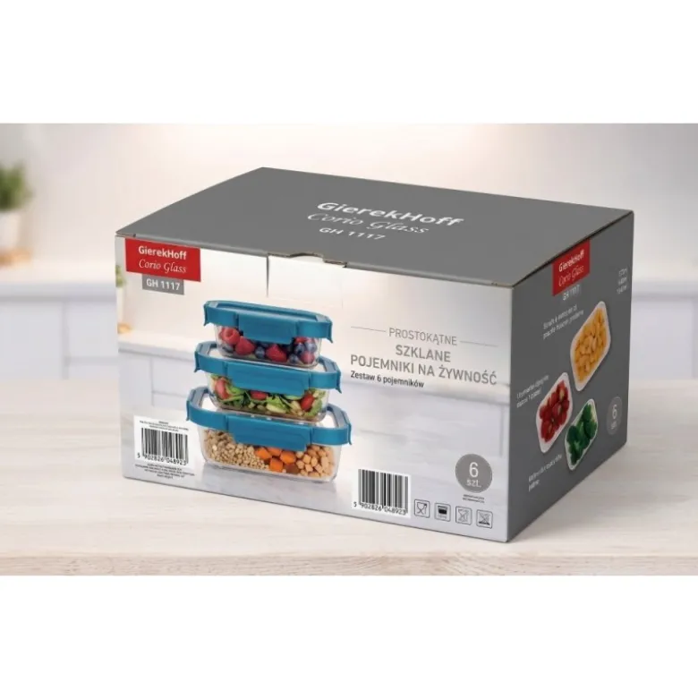 Zestaw 3 pojemników szklanych lunchbox GierekHoff Corio Glass żaroodporne hermetyczne prostokątne GH 1117