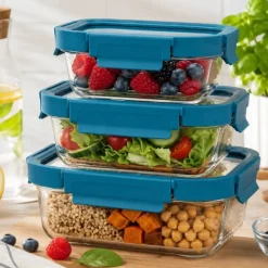 Zestaw 3 pojemników szklanych lunchbox GierekHoff Corio Glass żaroodporne hermetyczne prostokątne GH 1117