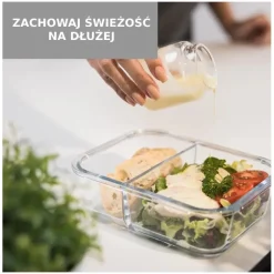 Zestaw 4 pojemników szklanych 1050 ml z przegrodą lunchbox GierekHoff Split 1104 żaroodporne hermetyczne dwukomorowe